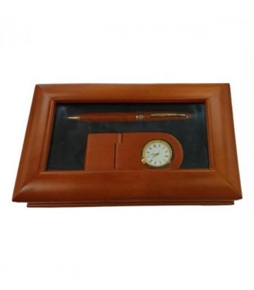 Imperial Desk Clock with Wood Matt Brown Gold Trim Ball Pen IMP69 Clock Gift Set - CLEARANCE NEEDS RE-BATTERY & Refill