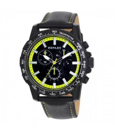 Henley Mens Satin Black Sports Coloured Stitch Multi Eye Watch Black/Lime Green H03015.11