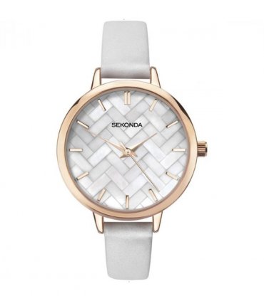 Sekonda Ladies White Marble Effect Dial with White Leather Strap Watch 2825