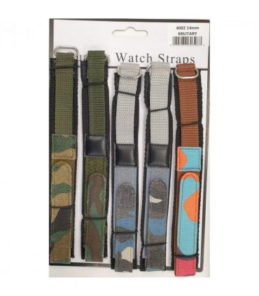 4002BVM PK5 BOYS VELCRO MILITARY CAMO WATCH STRAPS ASSTD COLOURS 14mm