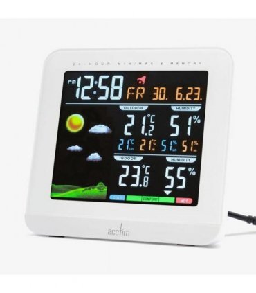 Acctim Wyndham Display Black 6 in 1 Barometric Weather Station with Outdoor Sensor Temperature Humidity Alarm Clock