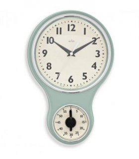 Acctim Kitchen Time 20cm Timer Quartz Retro Style Domed Glass Lens Sage Wall Clock 21598