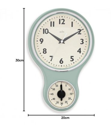 Acctim Kitchen Time 20cm Timer Quartz Retro Style Domed Glass Lens Sage Wall Clock 21598