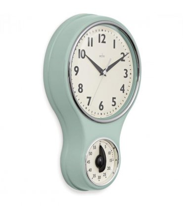 Acctim Kitchen Time 20cm Timer Quartz Retro Style Domed Glass Lens Sage Wall Clock 21598