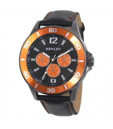 Henley Mens Polished Gun Sports Coloured Stitch Multi Eye Watch Gun/Orange H03014.8