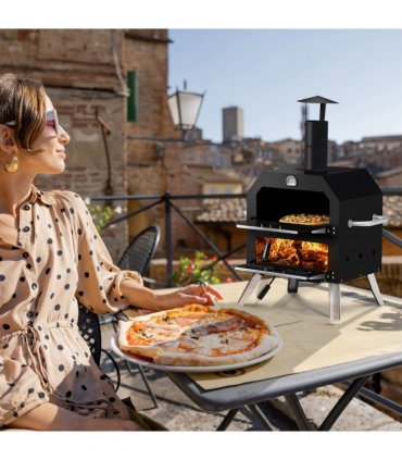 Outdoor Pizza Oven Wood Fired 2-Layer Pizza Ovens Outside Pizza Maker with Stone, Removable Cooking Rack for Camping Backyard BBQ