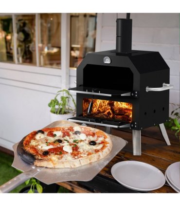 Outdoor Pizza Oven Wood Fired 2-Layer Pizza Ovens Outside Pizza Maker with Stone, Removable Cooking Rack for Camping Backyard BBQ