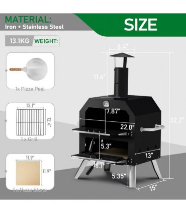 Outdoor Pizza Oven Wood Fired 2-Layer Pizza Ovens Outside Pizza Maker with Stone, Removable Cooking Rack for Camping Backyard BBQ