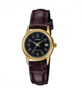 Casio Ladies Dated Analogue Designer Black Dial Brown Leather Strap Watch