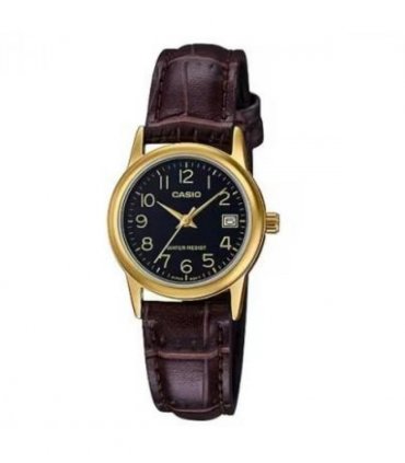 Casio Ladies Dated Analogue Designer Black Dial Brown Leather Strap Watch