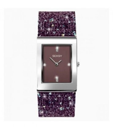 Sekonda Seksy Ladies Bling Rectangular Purple Dial & Purple stone Stainless Steel Bracelet Strap Watch