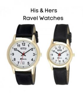 Ravel Mens Gilt Day/Date  Faux Leather Strap Watch + Ravel Womens Gilt Day/Date  Faux Leather Strap Watch R0706.19.1+R0706.19.2