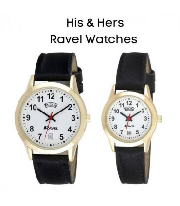 Ravel Mens Gilt Day/Date  Faux Leather Strap Watch + Ravel Womens Gilt Day/Date  Faux Leather Strap Watch R0706.19.1+R0706.19.2