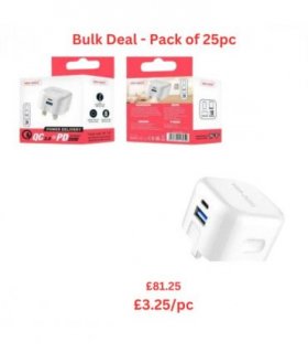 Ven-Dens Dual Port QC 3.0 + PD 20w Fast Charger - Bulk Deal Pack of 25pc
