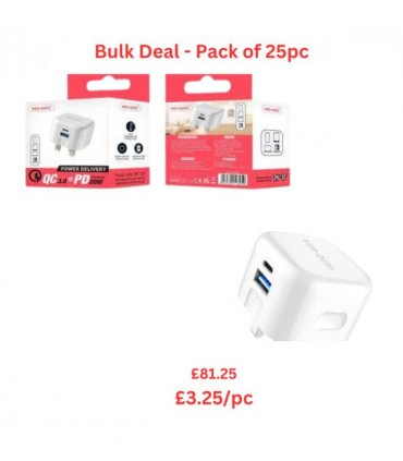 Ven-Dens Dual Port QC 3.0 + PD 20w Fast Charger - Bulk Deal Pack of 25pc