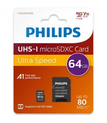 Philips - Micro SDHC 64 GB Class 10 Memory Card + Adapter
