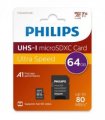 Philips - Micro SDHC 64 GB Class 10 Memory Card + Adapter