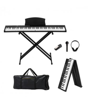 Glarry GPPS01-106 88 Key Folding Piano Semi-Weighted Standard Keyboards Digital Piano with double X type stand，MIDI Bluetooth, Handbag，Headphone，for Piano Lover Black color