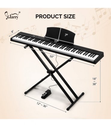 Glarry GPPS01-106 88 Key Folding Piano Semi-Weighted Standard Keyboards Digital Piano with double X type stand，MIDI Bluetooth, Handbag，Headphone，for Piano Lover Black color