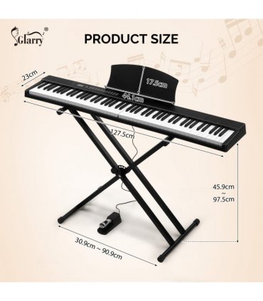 Glarry GPPS01-106 88 Key Folding Piano Semi-Weighted Standard Keyboards Digital Piano with double X type stand，MIDI Bluetooth, Handbag，Headphone，for Piano Lover Black color