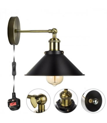 Vintage Plug-In Wall Light Black Sconce E27 Lamp~2271
