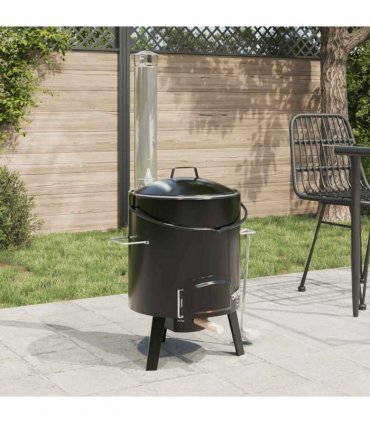 vidaXL Goulash Cannon with Chimney and Lid Black Enamelled Steel