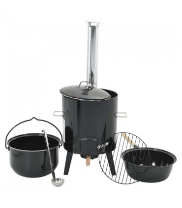 vidaXL Goulash Cannon with Chimney and Lid Black Enamelled Steel