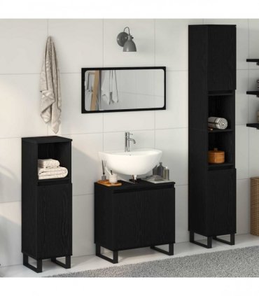 vidaXL Bathroom Furniture Set Wall-mounted with Door 3 pcs Black Oak