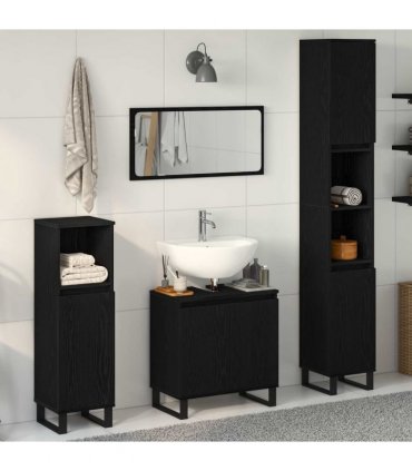 vidaXL Bathroom Furniture Set Wall-mounted with Door 3 pcs Black Oak