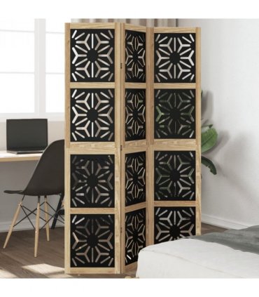 vidaXL Room Divider 3 Panels Brown and Black Solid Wood Paulownia