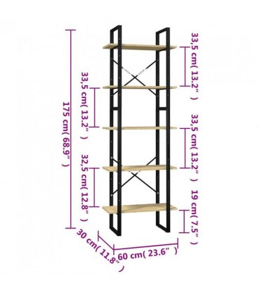 vidaXL 5-Tier Book Cabinet 60x30x175 cm Pinewood