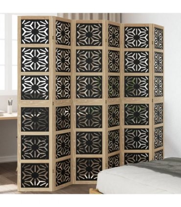vidaXL Room Divider 6 Panels Brown and Black Solid Wood Paulownia