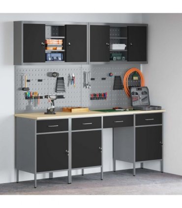 vidaXL Work Cabinet with Drawer 10 pcs Black Engineered Wood and Steel