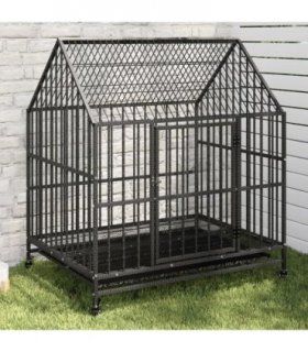 vidaXL Dog Cage with Wheels Black Galvanised Steel