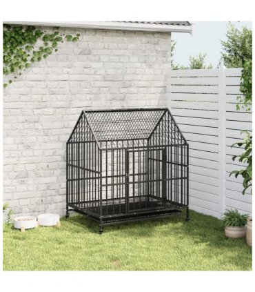 vidaXL Dog Cage with Wheels Black Galvanised Steel