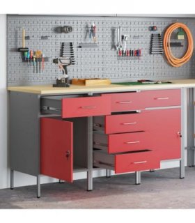 vidaXL Work Cabinet with Drawer 3 pcs Red and Grey 150 x 55 x 85 cm
