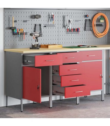 vidaXL Work Cabinet with Drawer 3 pcs Red and Grey 150 x 55 x 85 cm