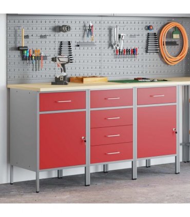 vidaXL Work Cabinet with Drawer 3 pcs Red and Grey 150 x 55 x 85 cm
