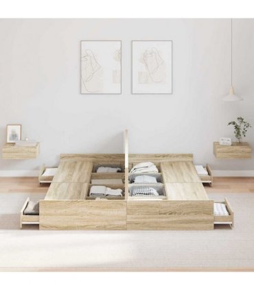 vidaXL Storage Bed Frame Sonoma Oak 140 x 190 cm Engineered Wood