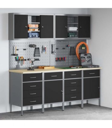 vidaXL Work Cabinet with Drawer 10 pcs Black Engineered Wood and Steel