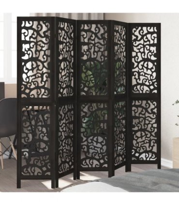 vidaXL Room Divider 5 Panels Black Solid Wood Paulownia