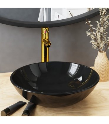 vidaXL Bathroom Sink with Tap and Push Drain Black Tempered Glass
