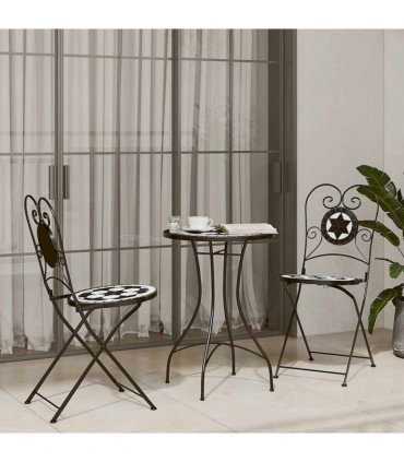 vidaXL Mosaic Bistro Set Black and White Iron and Ceramic