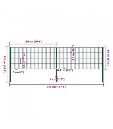 vidaXL Fence Panel with Posts Iron 349x80 cm Green