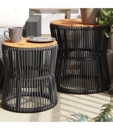 vidaXL Garden Side Tables 2 pcs with Wooden Top Black Poly Rattan