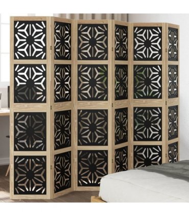 vidaXL Room Divider 6 Panels Brown and Black Solid Wood Paulownia