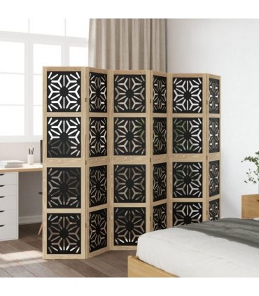 vidaXL Room Divider 6 Panels Brown and Black Solid Wood Paulownia