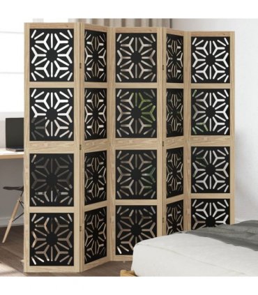 vidaXL Room Divider 5 Panels Brown and Black Solid Wood Paulownia