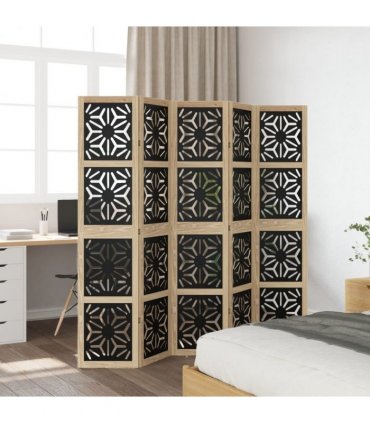 vidaXL Room Divider 5 Panels Brown and Black Solid Wood Paulownia