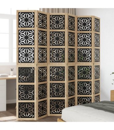 vidaXL Room Divider 6 Panels Brown and Black Solid Wood Paulownia